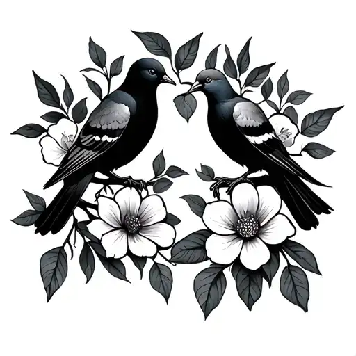 flowers framing two turtledoves in cedar tree tattoo design idea