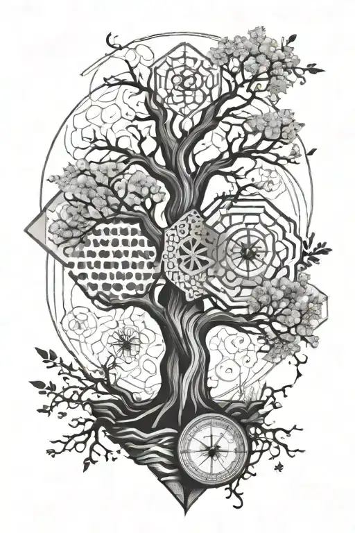 a 3 dimensional honeycomb pattern with the tree on life and a compass on the bottom  tattoo design idea