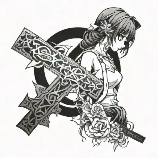 girl with cross bw in wounds tattoo design idea