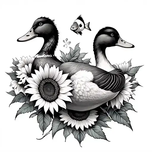 sunflowers, ducks & clown fish tattoo design idea