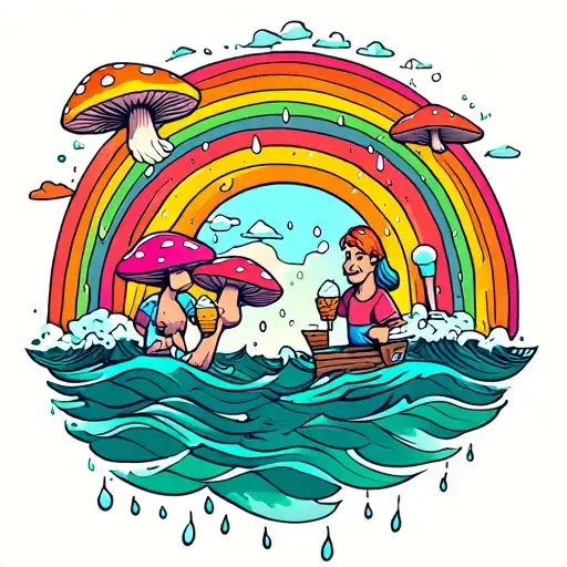 rainy rainbow with mushrooms and a couple who is eating ice creams on the board of the ocean tattoo design idea