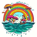 rainy rainbow with mushrooms and a couple who is eating ice creams on the board of the ocean tattoo design idea