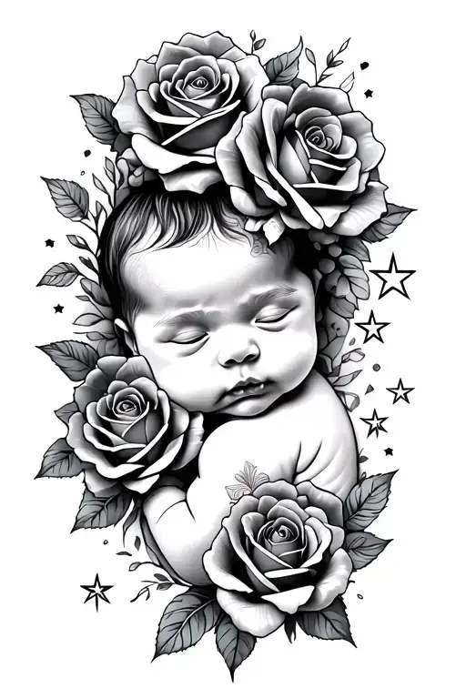 sketch a half sleeve tatoo with roses stars include 16 july 2025 17:53 newborn baby tattoo design idea