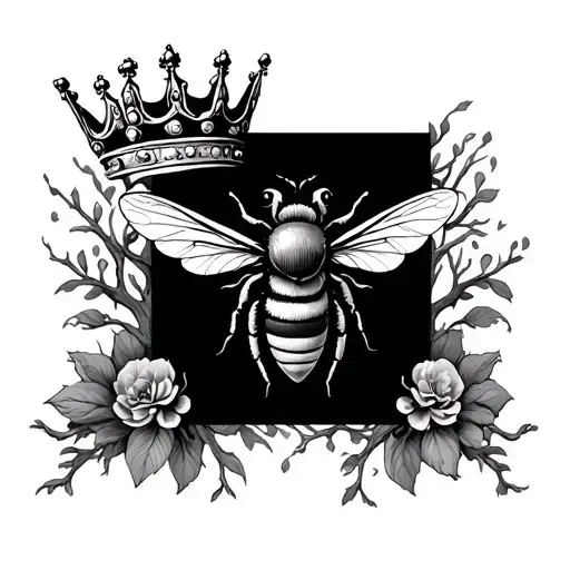 tree and bee and crown tattoo design idea