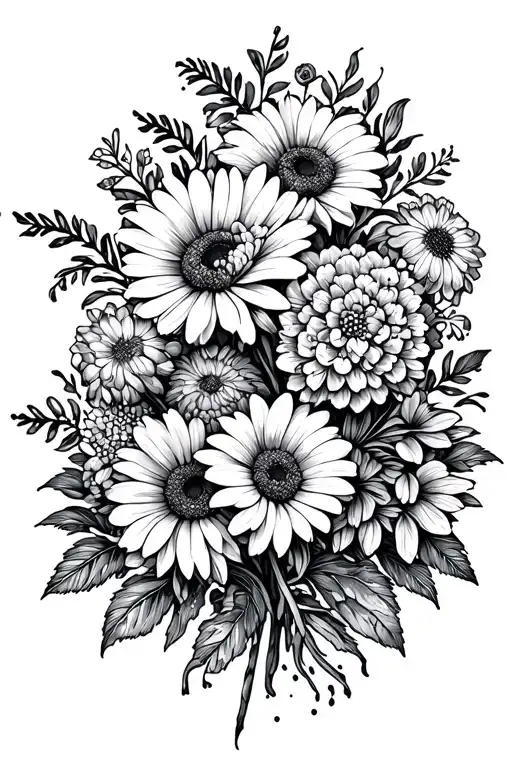 flower bouquet with indian blanket flowers, chrysanthemum, carnations, and hydrangeas  tattoo design idea