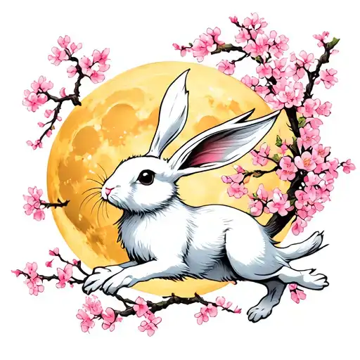 a white hare leaping with pink cherry blossoms surrounding it with a yellow moon behind it tattoo design idea