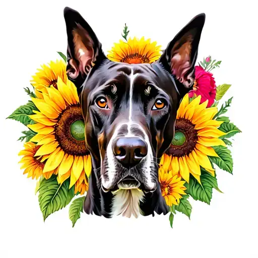 A Great Dane surrounded by vibrant sunflowers and zinnias tattoo design idea