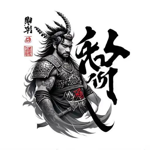 arm covering tattoo with warrior and chinese script big tattoo design idea