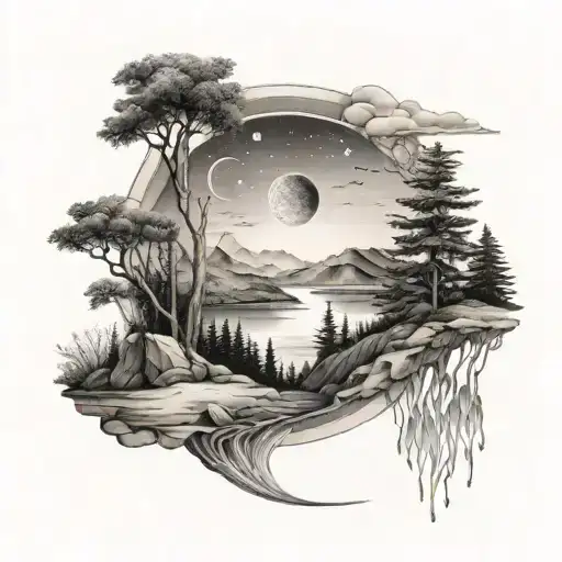 A serene landscape tattoo of a quiet space in nature, with elements of astrology subtly integrated into the scenery tattoo design idea