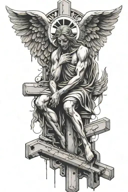 A sad angel sitting on a cross made of airplane parts tattoo design idea