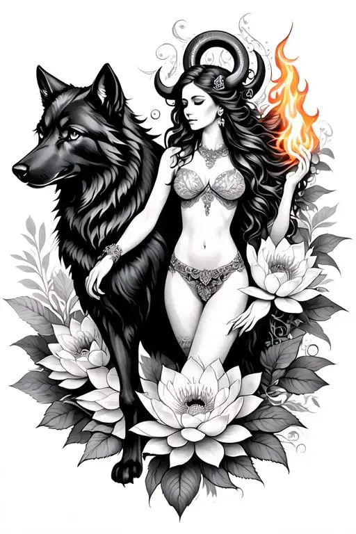 Aries sexy goddess surrounded by poeny and lotus flowers and black wolf holding fire tattoo design idea