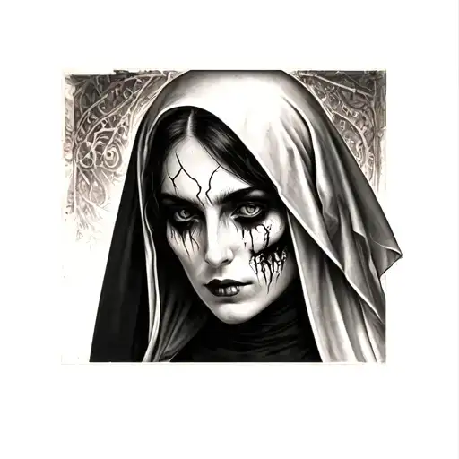 demon nun with a veil over her hair scars on her face.   tattoo design idea
