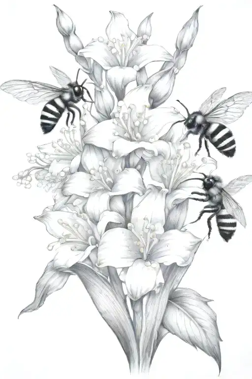 lily of the valley gladiolus lotus flowers blooming with bumblebee flying towards living tattoo design idea