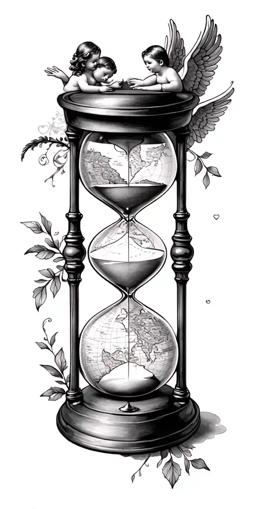 Incorporate a hourglass and a map into a tattoo to symbolize a love incorporating kids and angels of grand parents  tattoo design idea