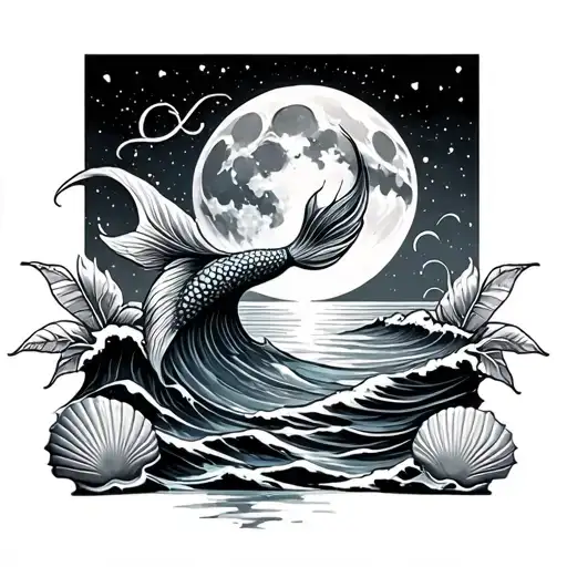 mermaid tail going into ocean wave, shells in front, moon off into distance, include infinity symbol, design for friends tattoo design idea