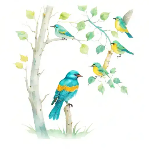 Aspen tree with 2 birds, 1 taking flight representing tattoo design idea