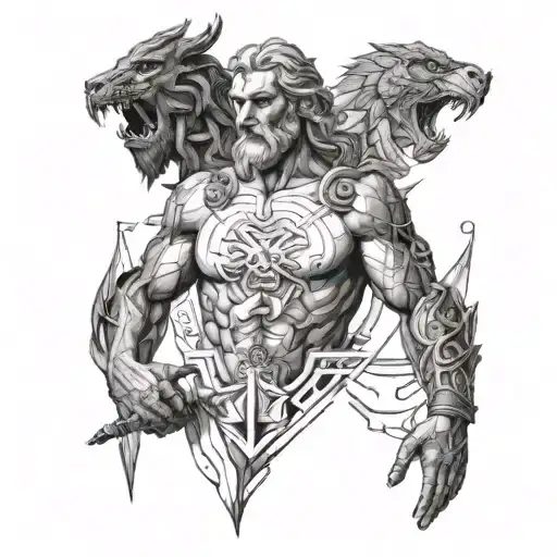 Create a tattoo for the arm. The main figures are the Greek gods Prometheus, Chaos and Chronos. Geometric figures should tattoo design idea