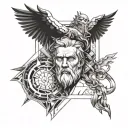 Create a tattoo for the arm. The main figures are the Greek gods Prometheus, Chaos and Chronos. Geometric figures should tattoo design idea