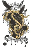 music notes in unbroken circle, rain falling, birds flying away  tattoo design idea