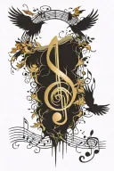 music notes in unbroken circle, rain falling, birds flying away  tattoo design idea