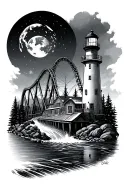 river layout, roller coaster, light house, snowflake, fineline tattoo design idea