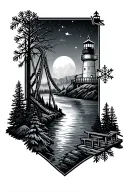 river layout, roller coaster, light house, snowflake, fineline tattoo design idea