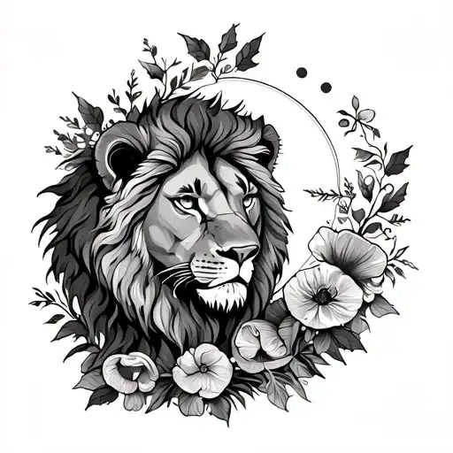 lioness with poppy flowers holly berry mushrooms moon and sun tattoo design idea