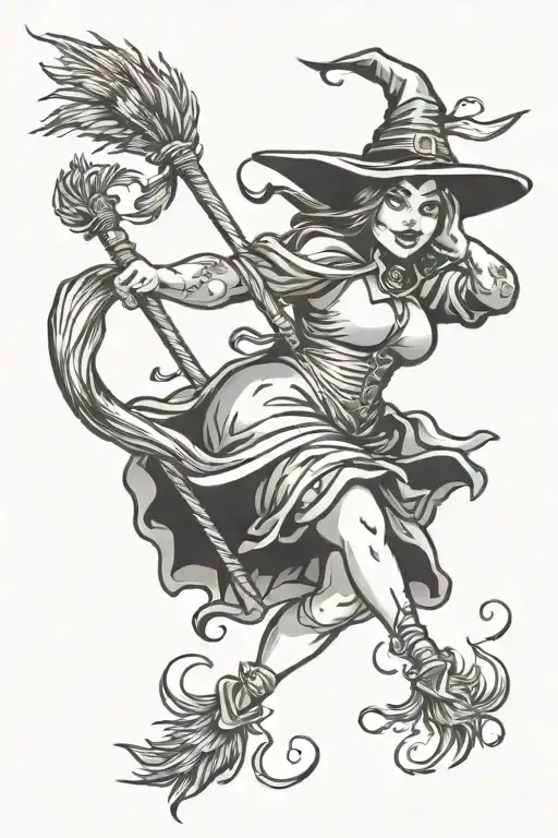 chubby witch pole dancing on a broomstick  tattoo design idea