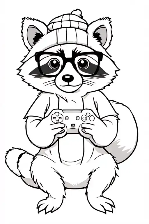 a full sitting, cute raccoon with a beanie and nerd glasses holding a controller that is facing him in his hands   tattoo design idea