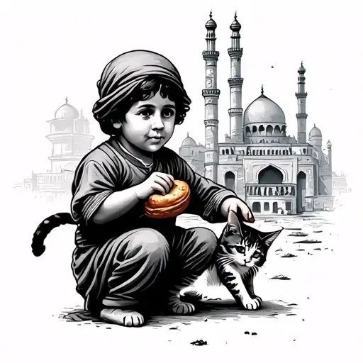 Palestinian child feeding a cat bread in front of al aksa mosque tattoo design idea