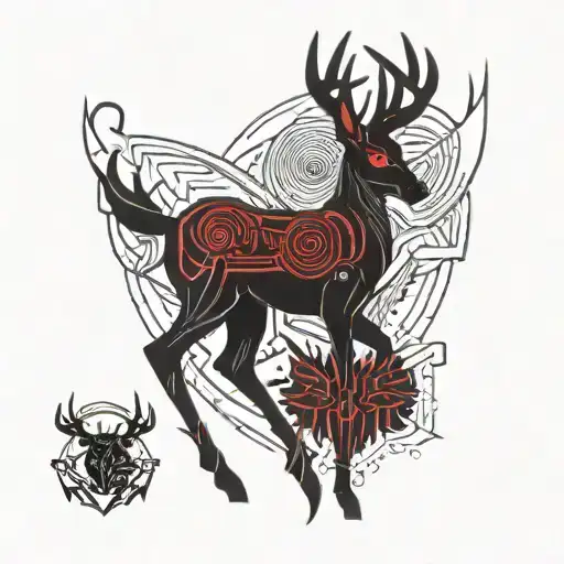 A tattoo design of a red and black, two-headed Bambi in a Disney-inspired style, blending innocence with a dark, edgy tw tattoo design idea