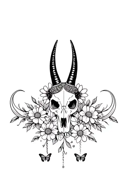 long horn skull mandala with flowers incorporated into it on either side.little butterfly charms coming off the bottom  tattoo design idea