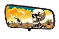 rear view mirror with skeleton looking in the corner of the mirror smoking. joint, with a 60s western landscape and aest tattoo design idea