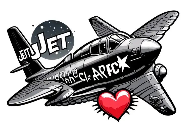 Jett plane flying with the name Jett in line coming from plane with a heart tattoo design idea
