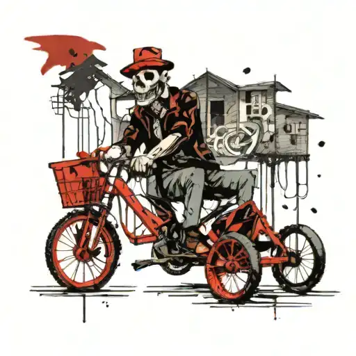 haunted Halloween house, Billy riding red tricycle from the movie saw "want to play a game" tattoo design idea