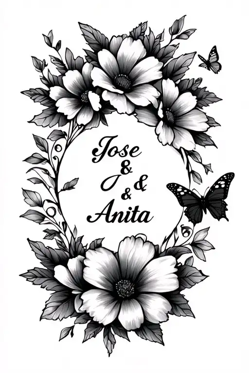 "Jose & Anita " flower and butterflies flying together tattoo design idea