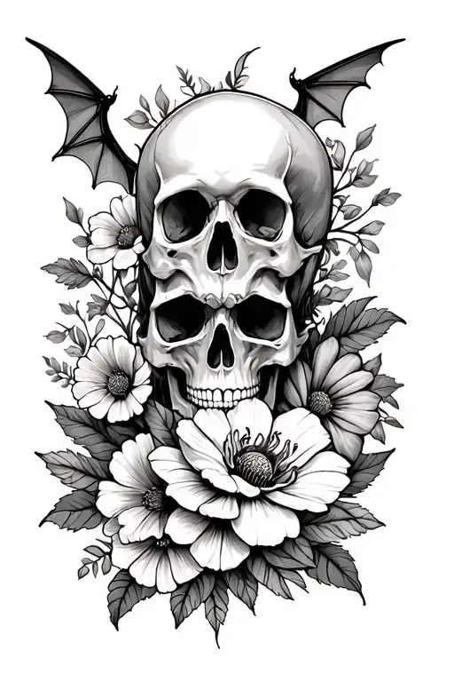 Thigh tattoo ideas for women involving skulls, spiders, bats, & birth flowers for February, July, December, & August tattoo design idea