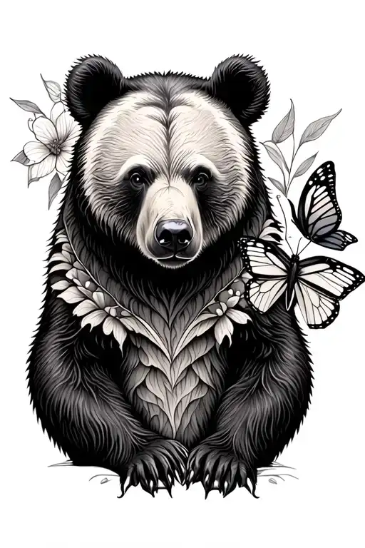 fine line bear and butterfly tattoo design idea