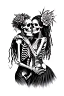 skeleton couple embracing the female skeleton is dia de los muertes and the male skeleton is a voodoo doctor with dreads tattoo design idea