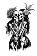 skeleton couple embracing the female skeleton is dia de los muertes and the male skeleton is a voodoo doctor with dreads tattoo design idea