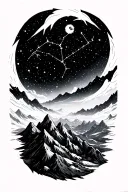3 mountain tops with Leo Virgo and Sagittarius constellation above tattoo design idea