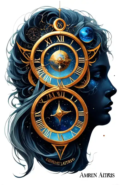 eternity symbol with time elements and the names Amren and Altris tattoo design idea