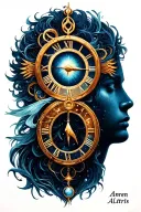 eternity symbol with time elements and the names Amren and Altris tattoo design idea