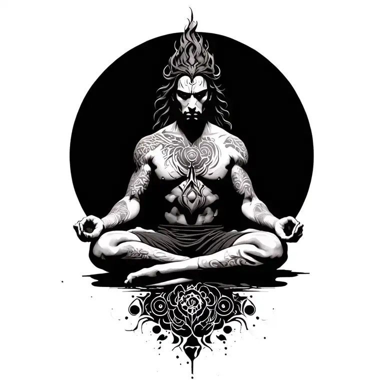 Realistic powerful warrior with tattoo sitting in meditation. Tattoo with great detail and fine lines tattoo design idea