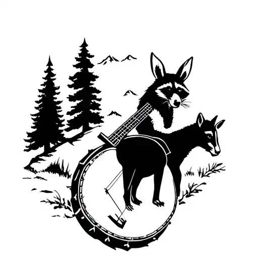 Appalachia, mountains, West Virginia, banjo, moonshine, raccoon, possum, donkey, mountaineer tattoo design idea