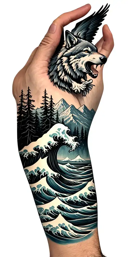 outer forearm: ocean waves at base. above, a wolf on a cliff in forest, howling at sky. bicep: mountains and an eagle tattoo design idea