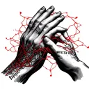 hands on both sides with the words within cells interlinked with red string  tattoo design idea