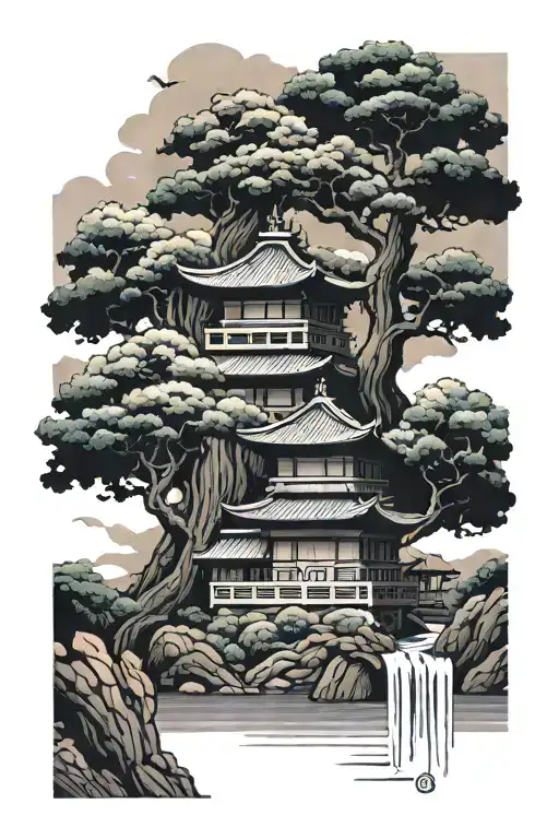 Japanese style trees and water temple tattoo design idea