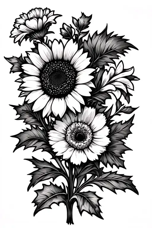 simple fine line sunflower, carnation, narcissus, holly, delphinium, gladiolus with long stems and with no shading tattoo design idea