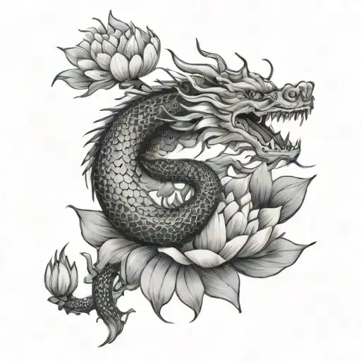 Vietnamese dragon and lotus flower with bamboos in the background tattoo design idea